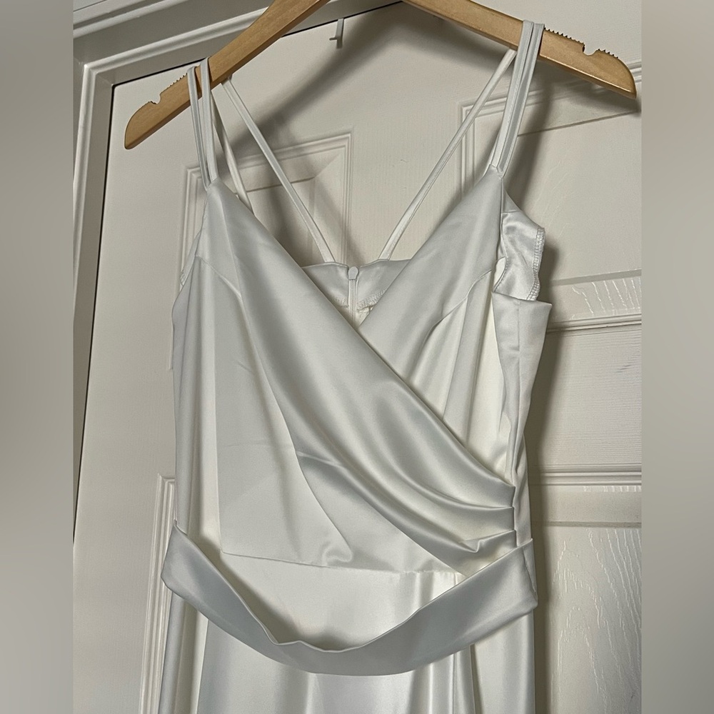 Elegant Satin White A-Line Side Slit Maxi Dress - Picture 9 of 12